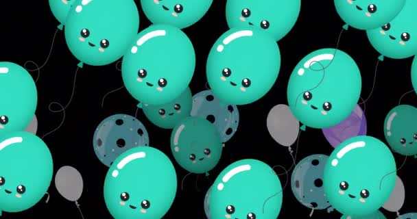 Animation Multiple Blue Purple Balloons Black Background Celebration Party Concept — Video