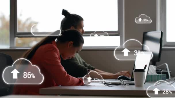 Animation Digital Clouds Percent Processing Businessman Using Computer Global Business — Vídeo de Stock