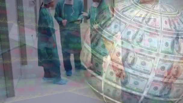 Animation Globe Formed American Dollar Bills Diverse Surgeons Global Medicine — Vídeos de Stock