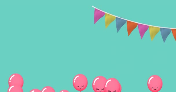 Animation Congratulations Text Colorful Balloons Flags Green Background Celebration Party — Stockvideo