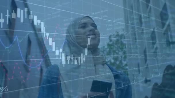 Animation Trading Board Graphs Happy Biracial Woman Hijab Walking Using — Wideo stockowe