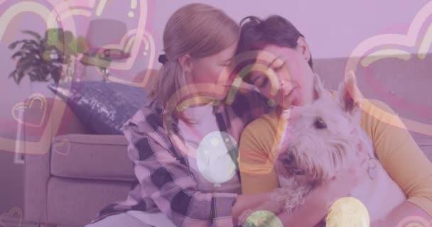 Animation Hearts Ballons Caucasian Female Couple Sitting Sofa Pet Dog — Stock Video