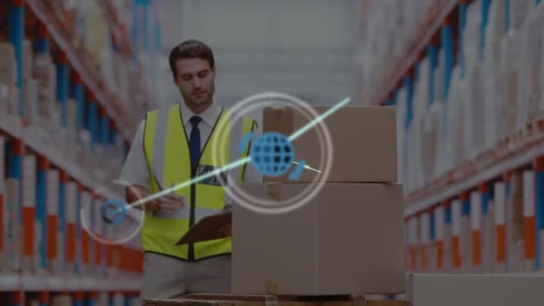 Animation Network Connections Icons Man Working Warehouse Global Shipping Business — Wideo stockowe