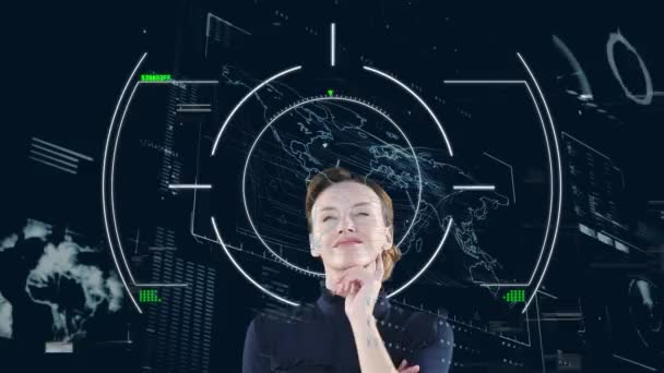 Animation Scope Financial Data Processing Caucasian Businesswoman Global Connections Business — Vídeo de Stock