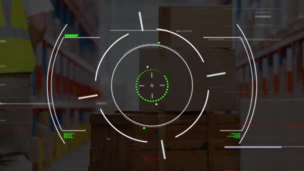 Animation Financial Data Processing Scope Caucasian Man Working Warehouse Global — Vídeo de Stock