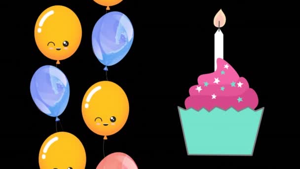 Animation Cupcake Candle Balloons Black Background Celebration Party Concept Digitally — Stockvideo