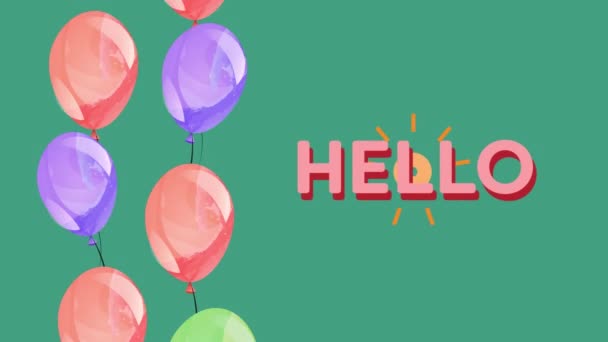 Κινούμενα Σχέδια Του Κειμένου Γεια Πάνω Από Πολύχρωμα Μπαλόνια Στο — Αρχείο Βίντεο
