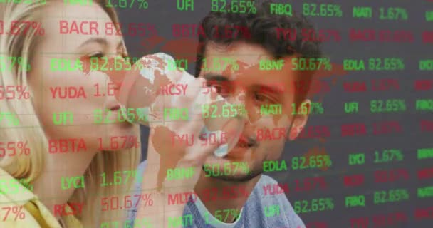 Animation Trading Board Map Caucasian Smiling Man Talking Woman Drinking — Stock video
