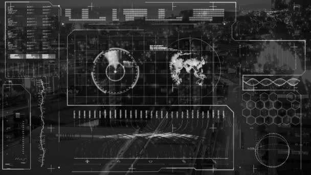 Animation Globe Radar Dna Helix Bars Modern Cityscape Background Digital — Vídeo de stock