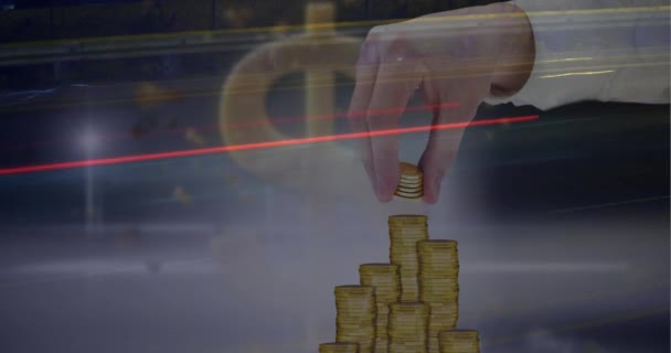 Animation Barcode Cropped Hand Caucasian Man Placing Coins Piles Dollar — Vídeo de Stock