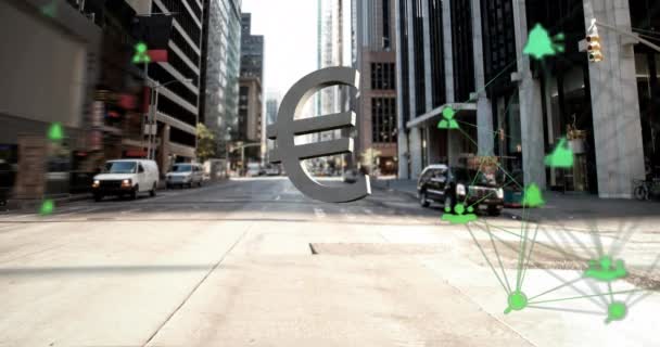 通りに落下し 壊すユーロのシンボル上のデジタルアイコンの球のアニメーション 世界経済とビジネスネットワーク技術の概念 — ストック動画