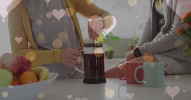 Animation Hearts Caucasian Female Couple Making Coffee Valentines Love Celebration — Stock video