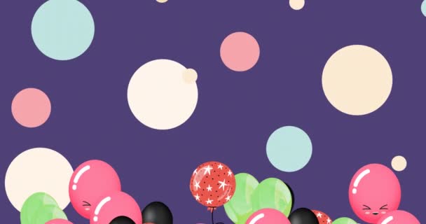Animering Flera Färgglada Ballonger Över Fläckar Lila Bakgrund Fest Och — Stockvideo