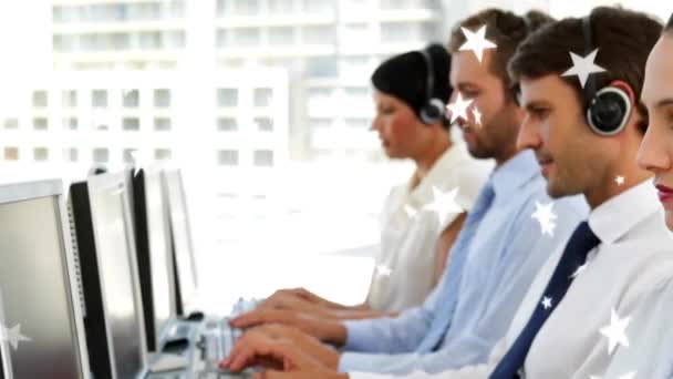 Animation Stars Caucasian Customer Representatives Wearing Headphone Working Computer Digital — Video Stock