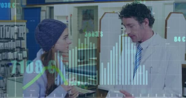 Animation Financial Data Processing Caucasian Male Pharmacist Female Patient Global — Vídeo de Stock