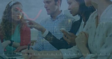 Animation of graph, numbers, time-lapse of moving vehicles over diverse coworkers discussing reports. Digital composite, multiple exposure, business, growth, teamwork, communication and technology.