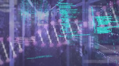 Animation of dna helix and programming language against server room in background. Digital composite, multiple exposure, molecule, medical, healthcare, technology and network server concept.