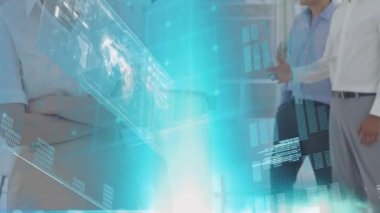 Animation of financial data processing over diverse business people shaking hands in office. Global business, finance, computing and data processing concept digitally generated video.