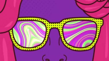 Animation of woman with glasses icon over moving colourful background. Abstract background and pattern concept digitally generated video.