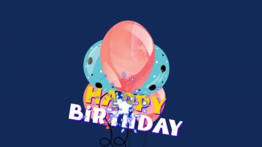 Animation of happy birthday text over colorful balloons on blue background. Celebration and party concept digitally generated video.