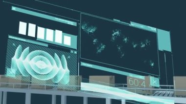 Animation of financial data processing over boxes on conveyor belt on black background. Global business, finances and digital interface concept digitally generated video.