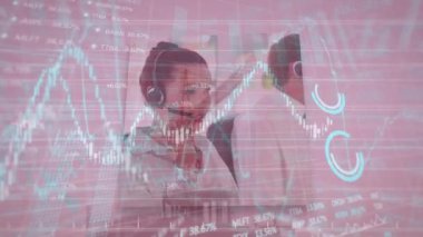 Animation of graphs, trading board and crane, multiple collage of diverse agents and business people. Digital composite, multiple exposure, report, stock market, customer representative, technology.