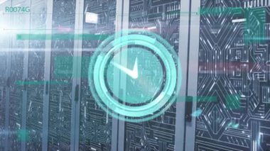 Animation of moving clock and computer circuit board over server room. Global technology, connections and digital interface concept digitally generated video.