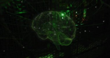 Animation of connections and digital brain over server room. Global technology, online security and digital interface concept digitally generated video.