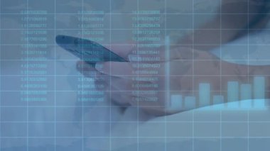Animation of financial data processing over caucasian woman using smartphone. Global shopping, business, finance, computing and data processing concept digitally generated video.