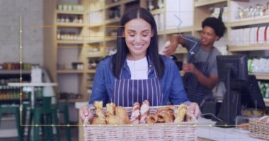 Animation of data processing over caucasian female shop assistant smiling. Global business and digital interface concept digitally generated video.