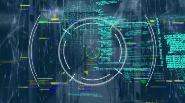Animation of glitch technique, circles, connected dots, number, programming language on server room. Digital composite, multiple exposure, shape, coding, technology and network server concept.