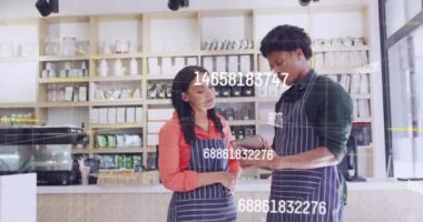 Animation of data processing over diverse shop assistants talking. Global business and digital interface concept digitally generated video.