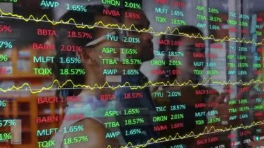 Animation of financial data processing over diverse business people having meeting. Global business, finances and digital interface concept digitally generated video.