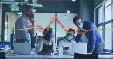 Animation of financial data processing over business people in face masks. Global covid 19 pandemic, business, finance, computing and data processing concept digitally generated video.