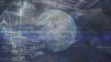 Animation of statistics and data processing over globe. Global business, finances, computing and data processing concept digitally generated video.