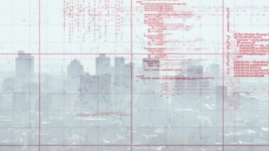 Animation of programming language, grid pattern and connected dots over city in background. Digital composite, multiple exposure, communication, coding, machine learning and technology concept.