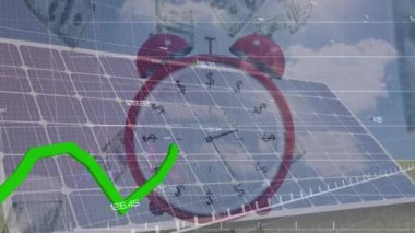 Animation of graphs, alarm clock and dollar bills over solar panels against cloudy sky. Digital composite, multiple exposure, report, business, currency, banking, renewable energy and technology.