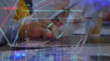 Animation of data processing over caucasian business people in office. Global business and digital nterface concept, digitally generated video.