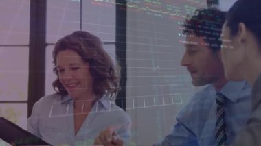 Animation of data processing over diverse business people smiling. Global business finances connections and digital interface concept digitally generated video.