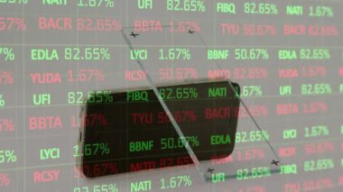 Animation of statistics and data processing over smartphone. Global business, finances, computing and data processing concept digitally generated video.