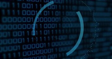 Animation of binary coding and data processing over biometric reading. Global online security, business, finance, computing and data processing concept digitally generated video.