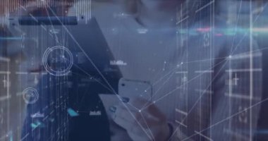 Animation of icons and data processing over woman using tablet. Global business, finance, computing and data processing concept digitally generated video.