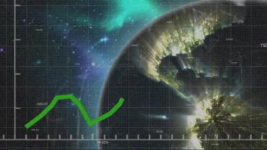 Animation of financial data processing with green line over globe. Global business, finance, computing and data processing concept digitally generated video.