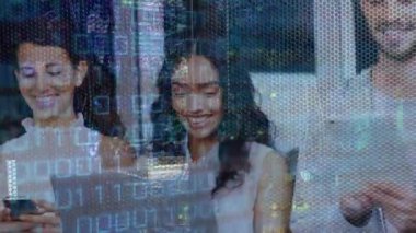 Animation of binary coding over business people using phone headsets. Global business success connections and digital interface concept digitally generated video.