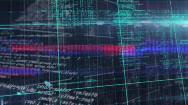 Animation of glitch technique over programming language against abstract background. Digitally generated, hologram, illuminated, coding, machine learning, television and technology concept.