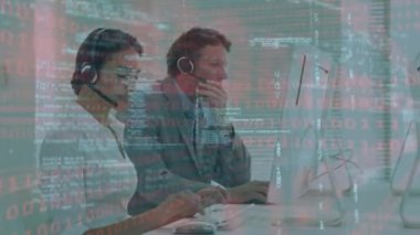 Animation of data processing over business people using phone headsets. Global business, finance, computing and data processing concept digitally generated video.