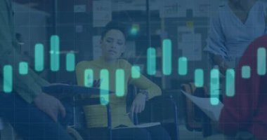 Animation of data processing over biracial disabled woman talking to her colleagues at office. Business data technology concept