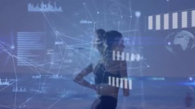 Animation of data processing over woman running, exercising outdoors. Global sports, fitness, computing and data processing concept digitally generated video.
