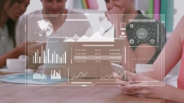 Animation of data processing over diverse people using laptop. Global business, finance, computing and data processing concept digitally generated video.