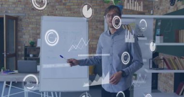 Animation of data processing over caucasian male teacher. Global education, science and digital interface concept digitally generated video.